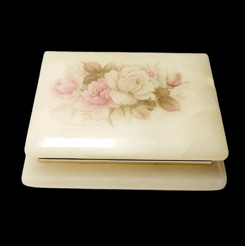 Vtg Hand Carved Alabaster Hinged Lidded Jewelry Trinket Box Pink Flowers Italy