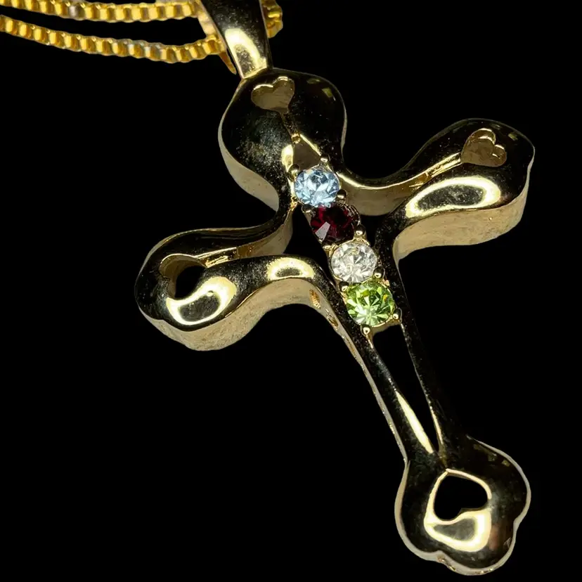 Gold Tone Family Faith Cross W/ Rhinestones W/ 18” Gold Tone Box Chain