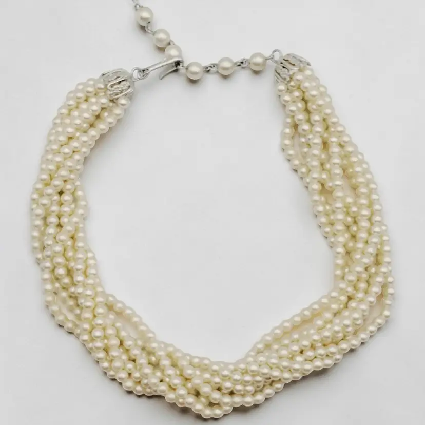 Vtg Faux Pearl Bead Eight 8 Strand Twisted Silver-tone Necklace Japan Short 15"
