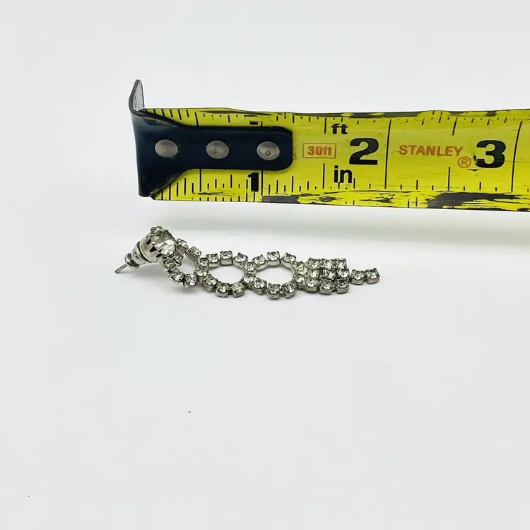 Vintage Rhinestone Dangle Earrings Clear Crystal Loop Drop Silver Tone 1950s 11946