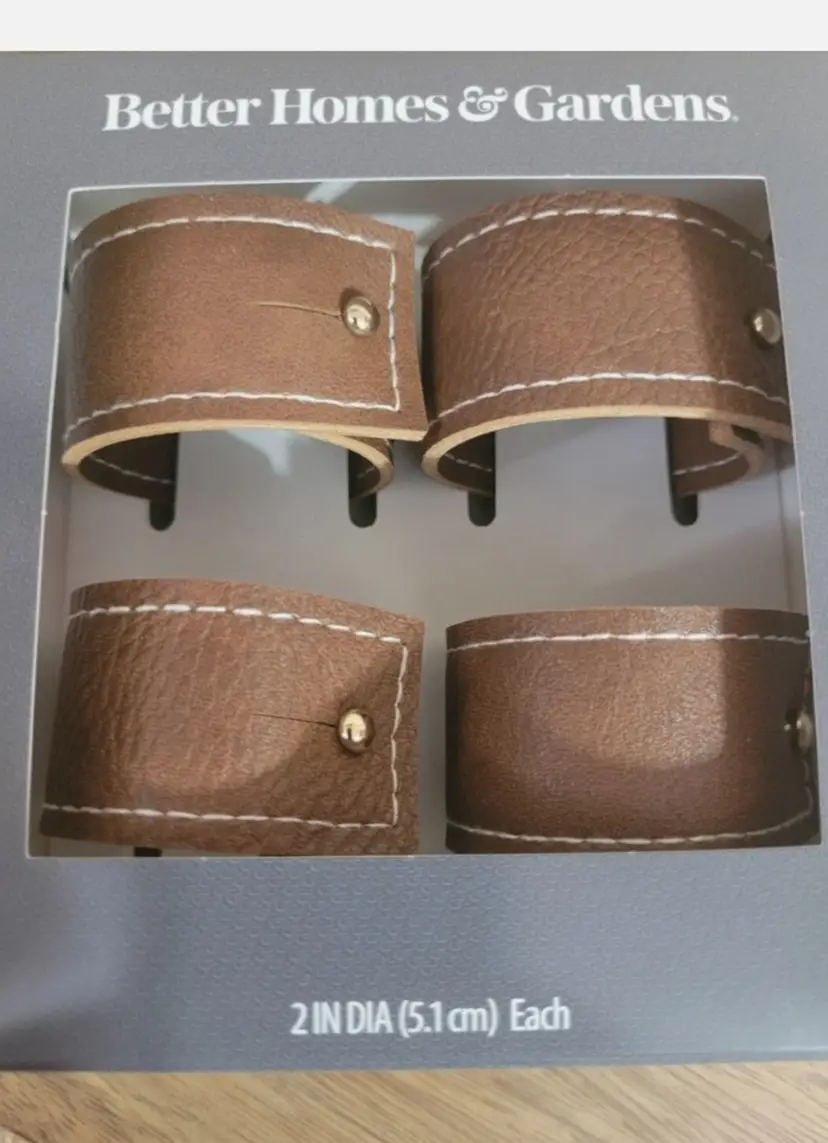 Better Homes & Garden Faux Brown Leather Snap Napkin Rings Set of 2 Boxes