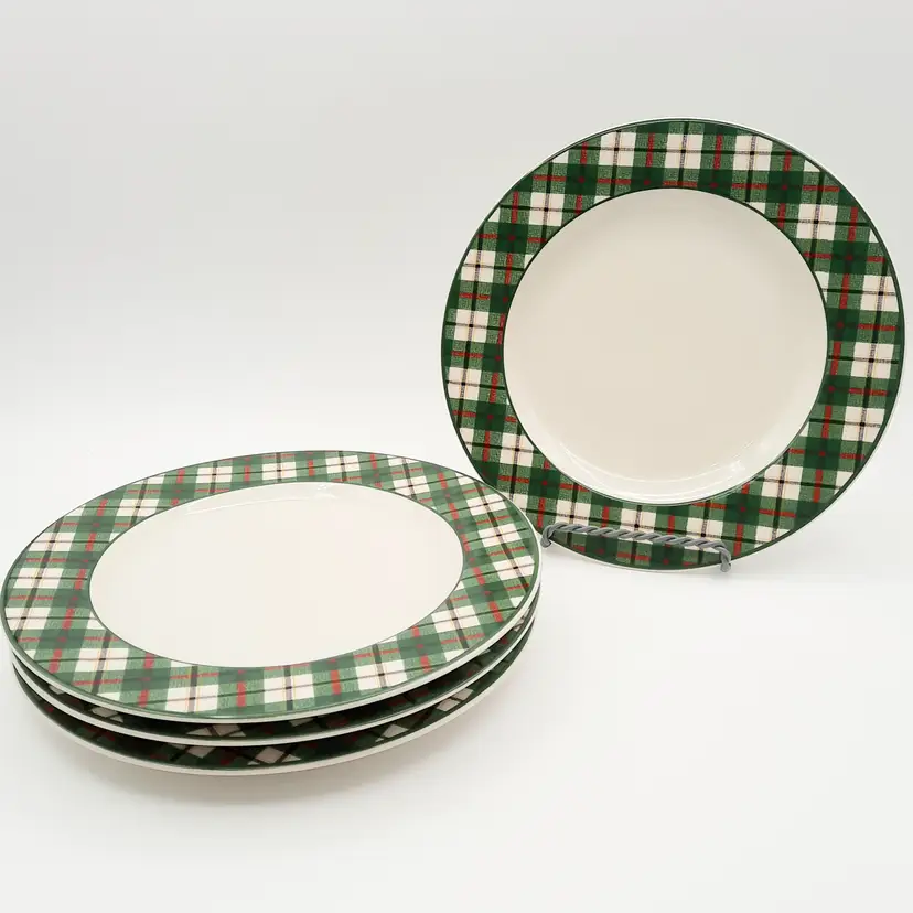 Green Plaid Rimmed Beige Salad Dessert Plates Home Set of 4