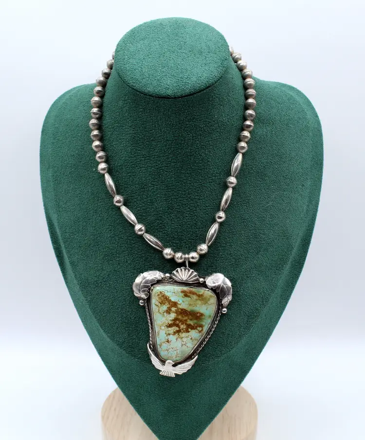 Vintage Native American Royston turquoise sterling silver Thunderbird 14" necklace 60g