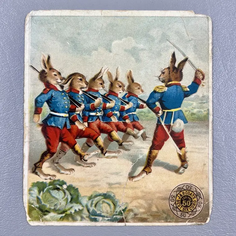 Victorian Trade Card J&P Coats Best Six Cord Spool Cotton Soldier Rabbits 4x5"