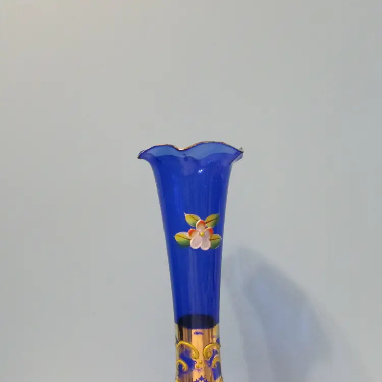 vintage 8" cobalt  blue glass vase gold trim painted floral