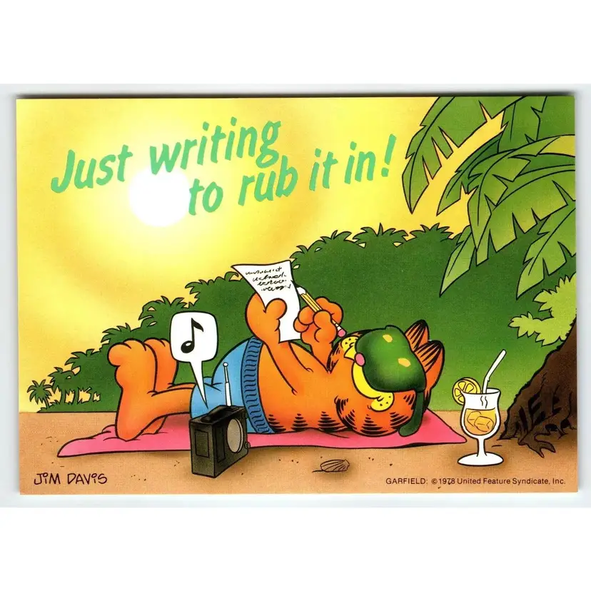 Garfield Just Writing To Rub It In Postcard Signed Jim Davis Comic Cat 1978
