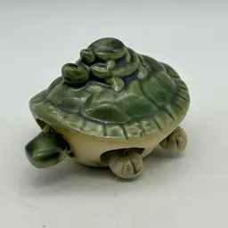 Glazed Pottery Green Turtle & Babies Bobble Head Feet & Tail Miniature