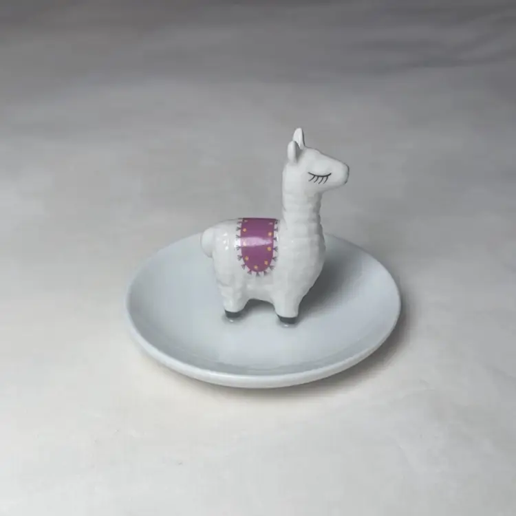 Whimsical White Ceramic Llama/Alpaca Trinket Tray/Jewelry Holder Made In China