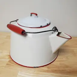 Enamelware Kettle Planter White Red Trim Farmhouse Cottage