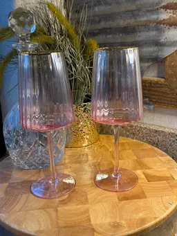 Set of 2 Blush Ombre Wine Glasses | Pink Gold Stemware | Ribbed Glass Goblets | Romantic Table Decor
