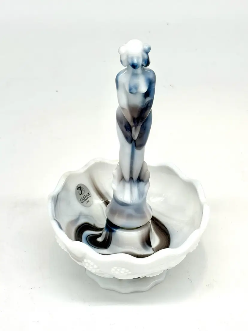 013.  Vintage Fenton Art Deco Art Noveau Purple Lilac White Slag 2 pc Art Glass Nude Water Nymph and Bowl set FAGCA Flower Frog ca 2007