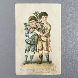 Victorian Trade Card Niagara Corn Starch Children With Bouquet Of Flowers