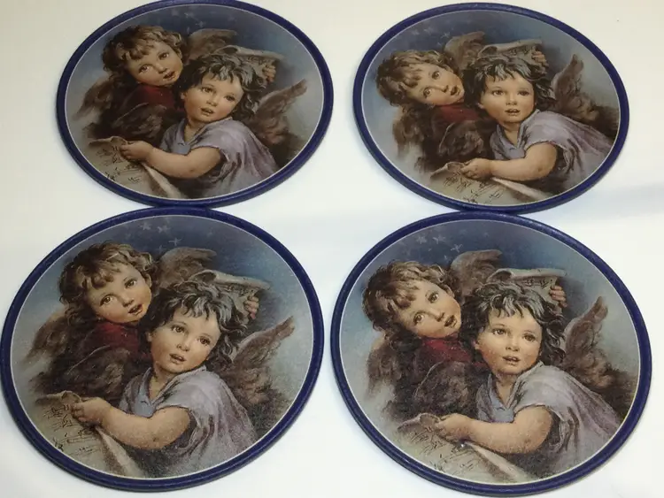 Vtg 1996 Cherub Angel Coasters and Coaster Holder by House of Lloyd Set Of 4