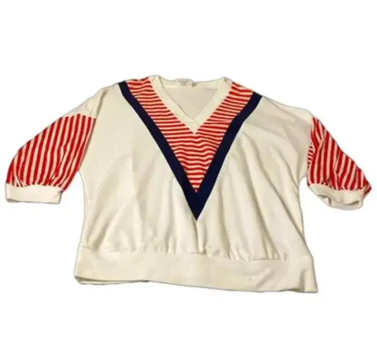 Vintage 80s Tops’n Tops Miami Red Stripe V-Neck Blouse Size 12 Made in USA