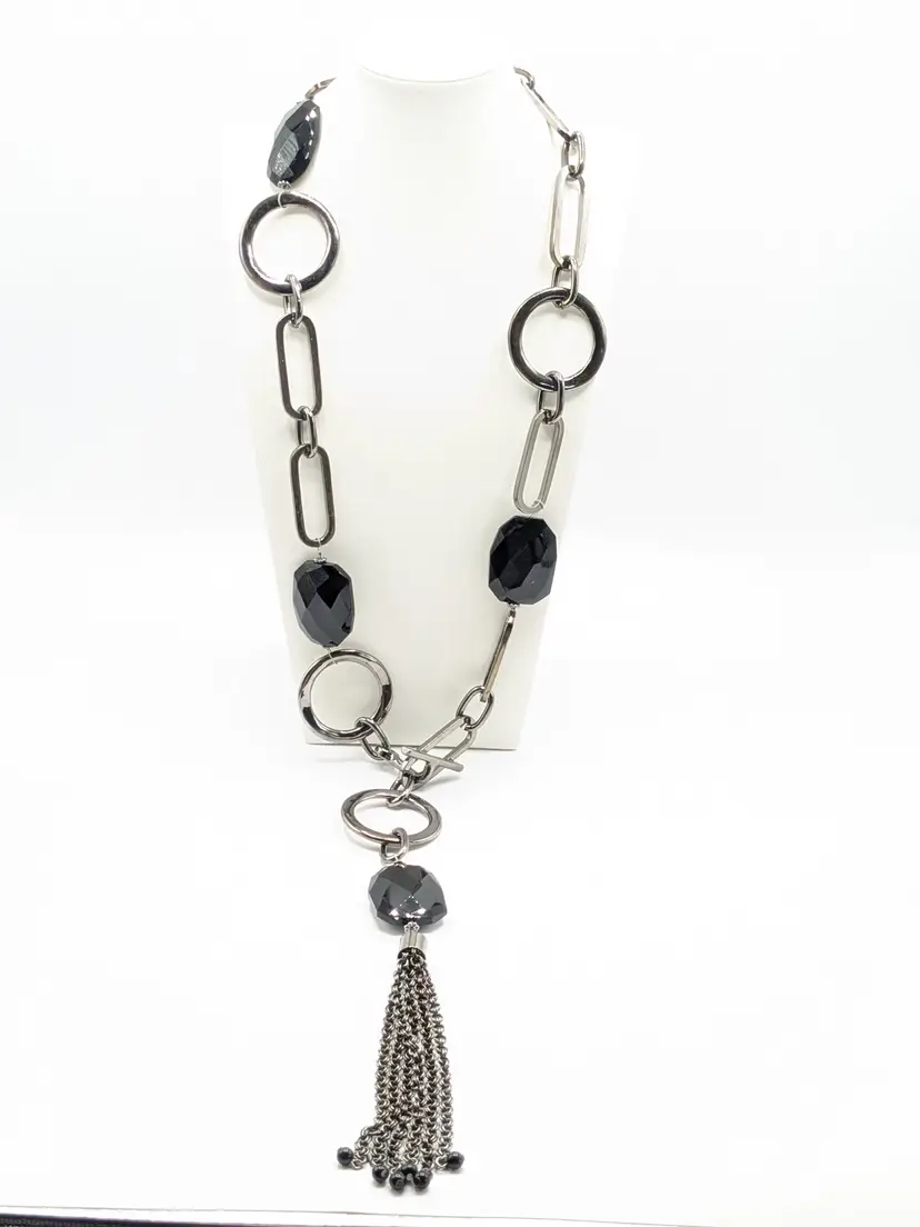 Silver Tone Link Black Gem Tassel Belt