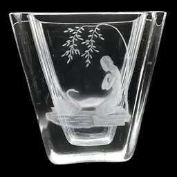 Bengt Edenfalk Skruf Etched Crystal 4" Vase Girl w Swan Sweden Signed