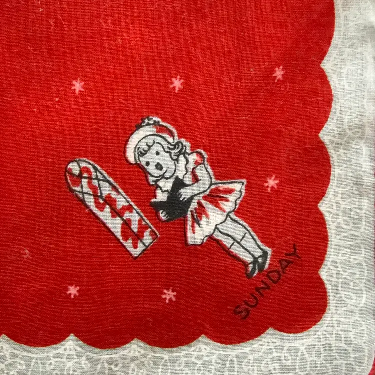 Vintage 1950’s Adorable Red Cotton Hankie w/ Singing Girls & Boy 8.5”