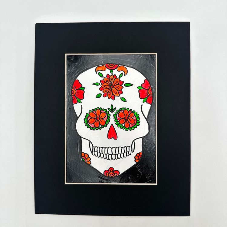Sugar Skull Glow Acrylic Paint Gelli Print Matted Handmade 8x10”