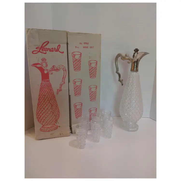 Vintage Leonard Diamond Silver Plated Italian Wine Decanter & 6 Glasses in Box