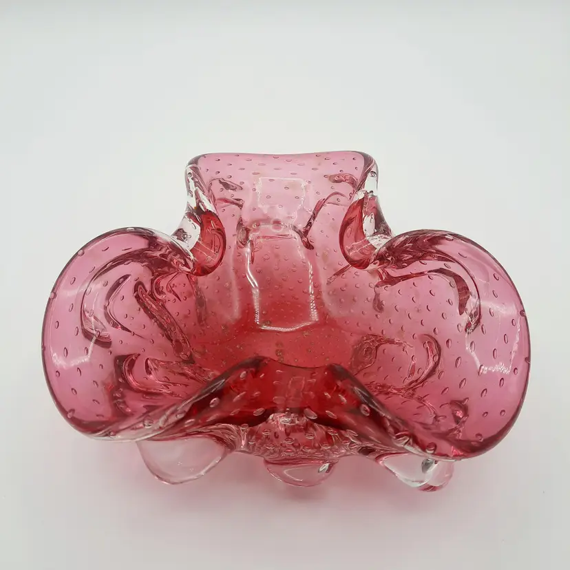 Cranberry Art Glass Rolled Edge 3 Petal Bowl Gold Flecks Controlled Bubbles