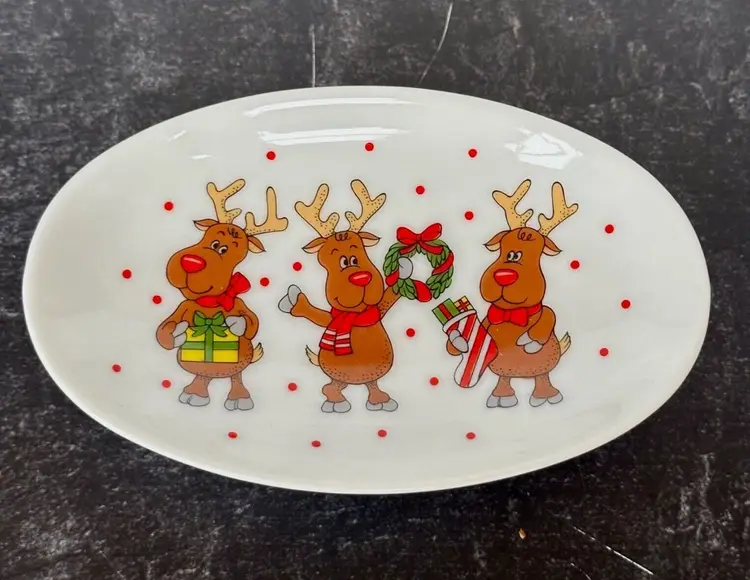 Vintage Japan Reindeer Ceramic Cup And Soap Dish Christmas Set NIOB
