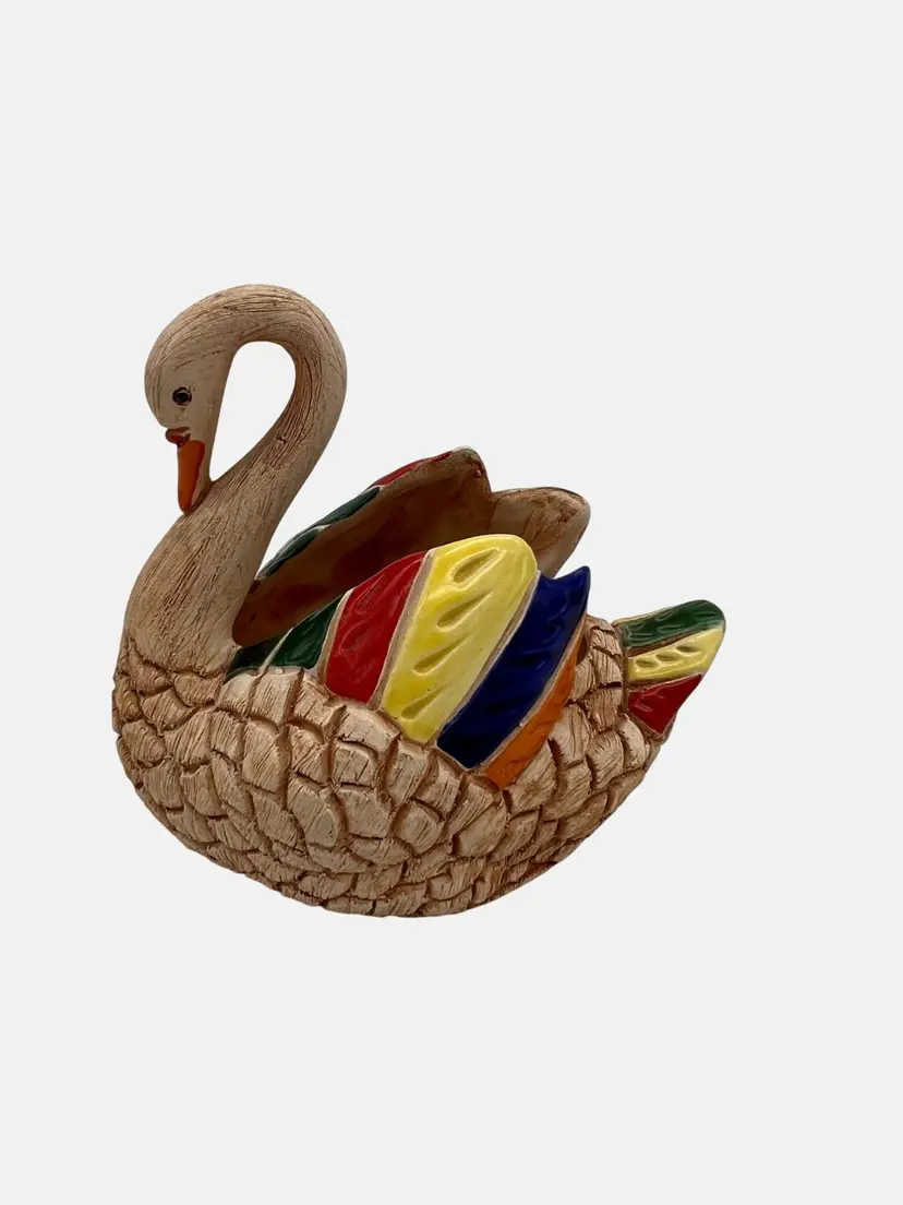 Handcrafted Ceramic Swan Miniature Planter Figurine With Multicolored Wings 4"