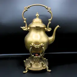 Antique Brass Tilting Teapot on Stand with Burner Ornate Victorian Style