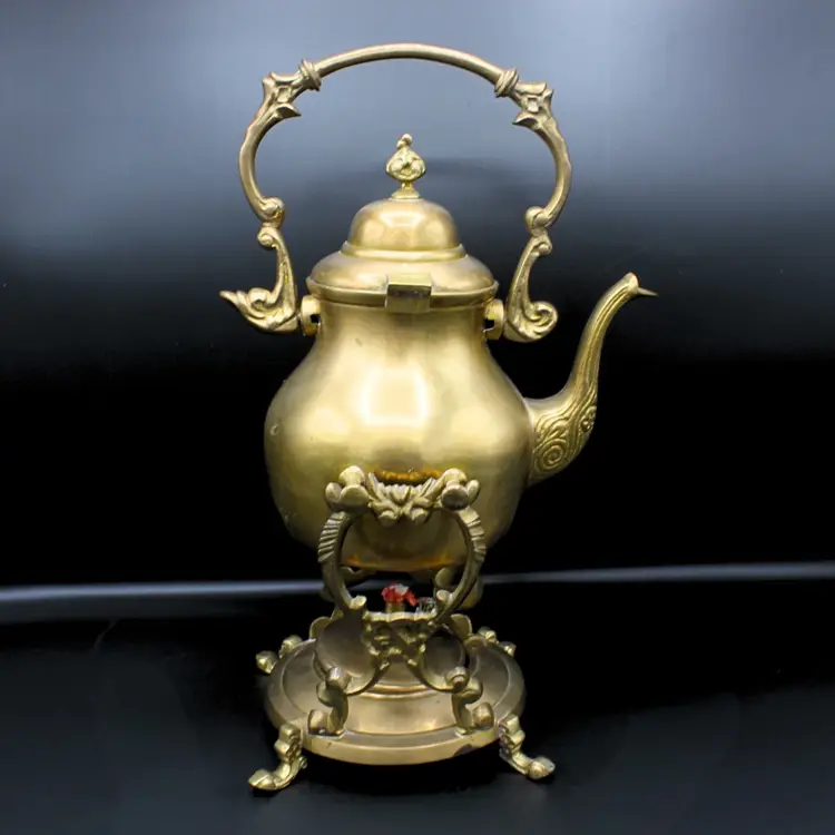 Antique Brass Tilting Teapot on Stand with Burner Ornate Victorian Style