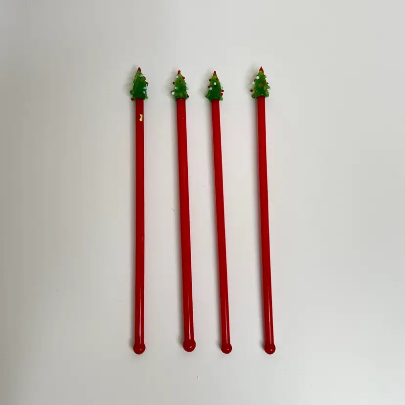 Set of 4 Glass Christmas Tree Cocktail Stirrers Swizzle Sticks