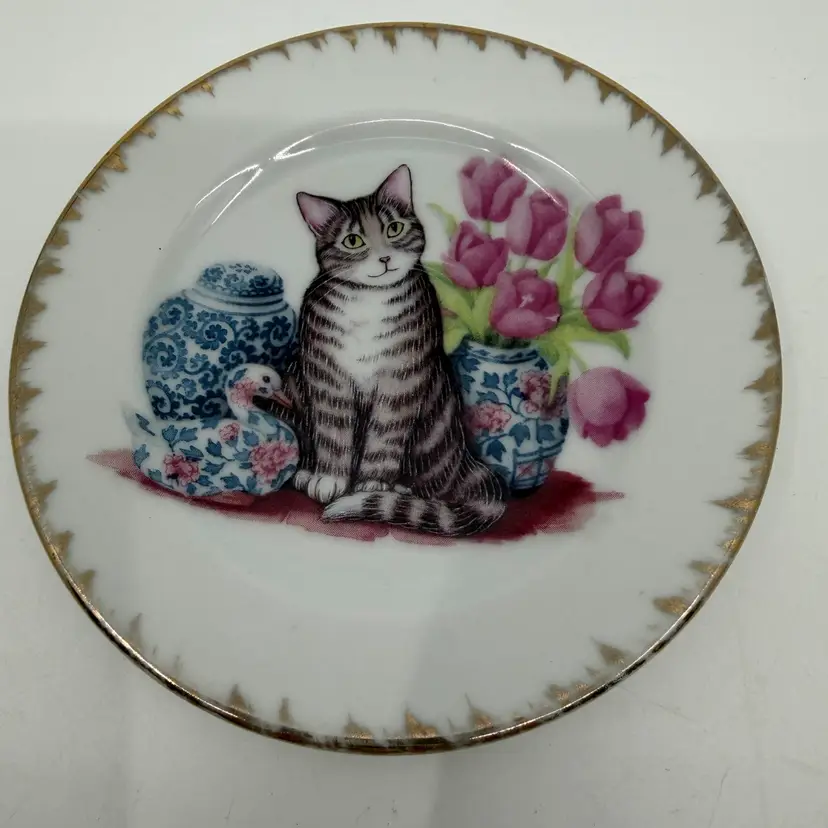 Tabby Cat w Flowers-Ginger Jar-Duck Porcelain Trinket Dish /Collector Plate