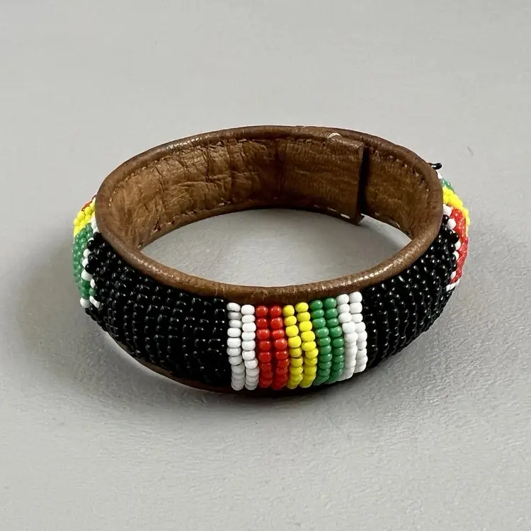 Vintage Brown Leather Black Seed Bead Woven Bracelet Southwest Design Bangle Red Yellow Green White