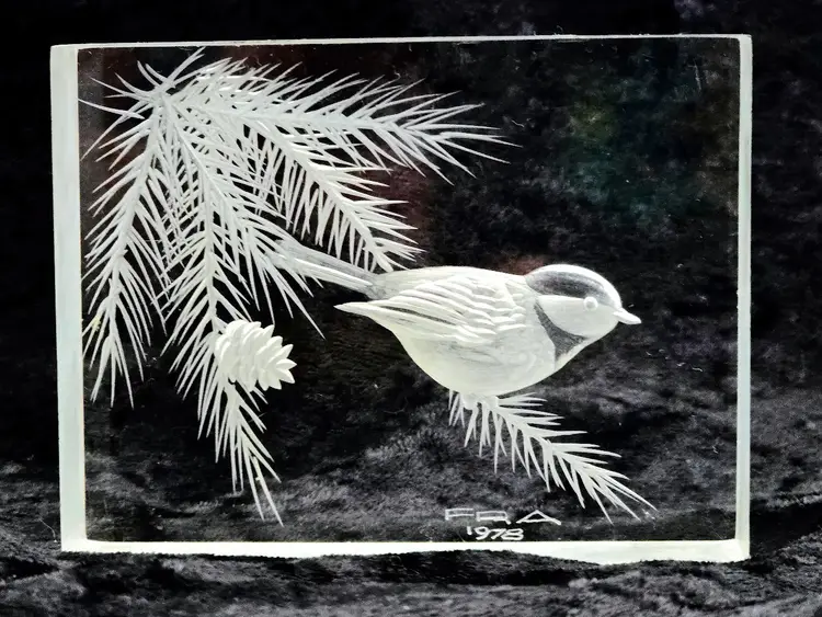 Frank R. Albrecht Lucite Chickadee Reverse Carved 1978