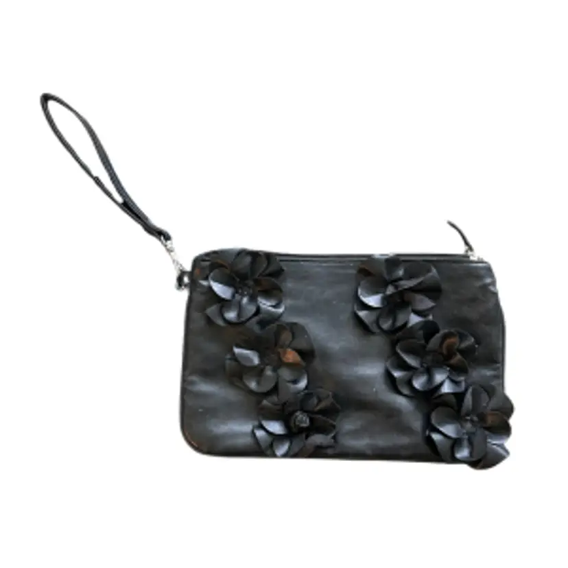Black Floral Applique Leather Wristlet Clutch