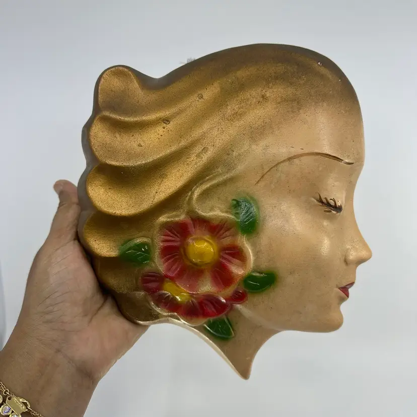 Art Deco Chalkware Lady With Flower Wall Hanging