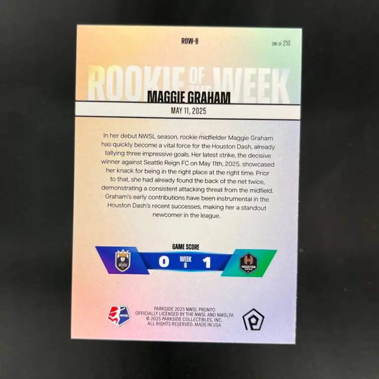 Maggie Graham 2025 NWSL Parkside Pronto Rookie Of The Week Subscriber Exclusive /210 Soccer Card #ROW8