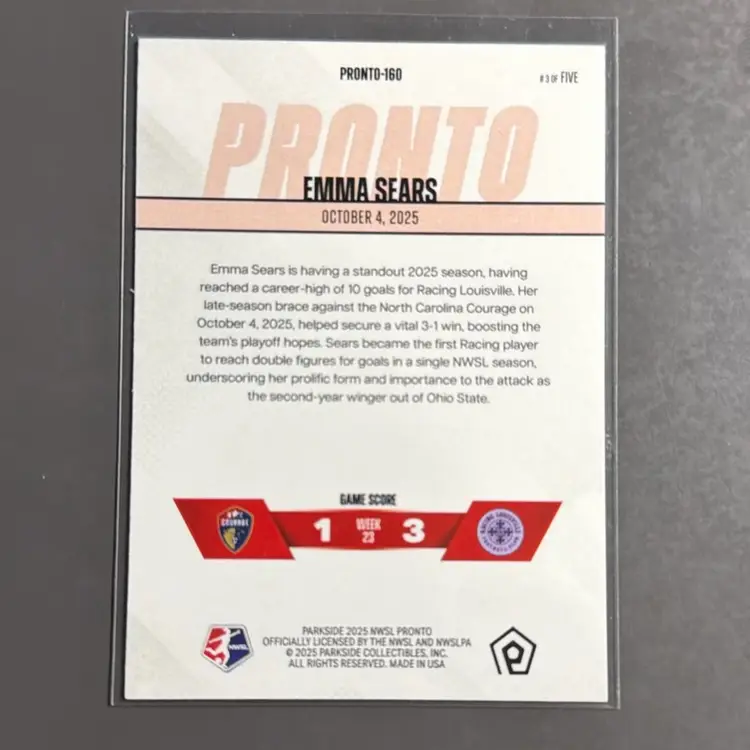 Emma Sears Parkside Pronto 3/5 - Racing Louisville Women’s Soccer - USWNT Player - Pronto