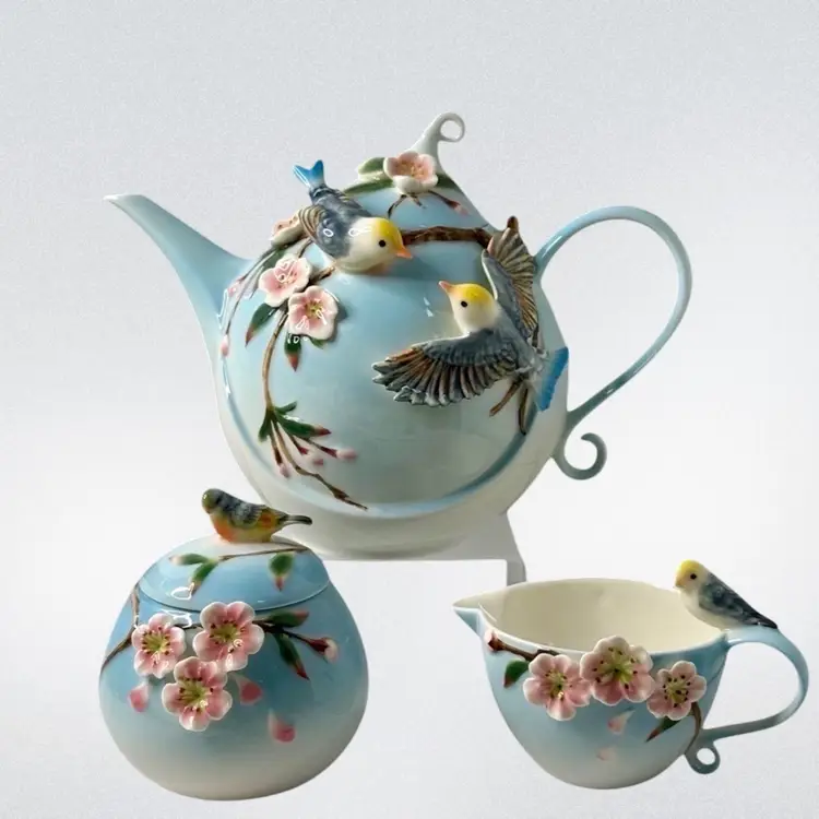 Vintage Teapot Set Pier One 3D Birds & Cherry Blossoms Set Includes 7” Teapot-3.25” Sugar Bowl with Lid-3.5” Creamer -Spoon