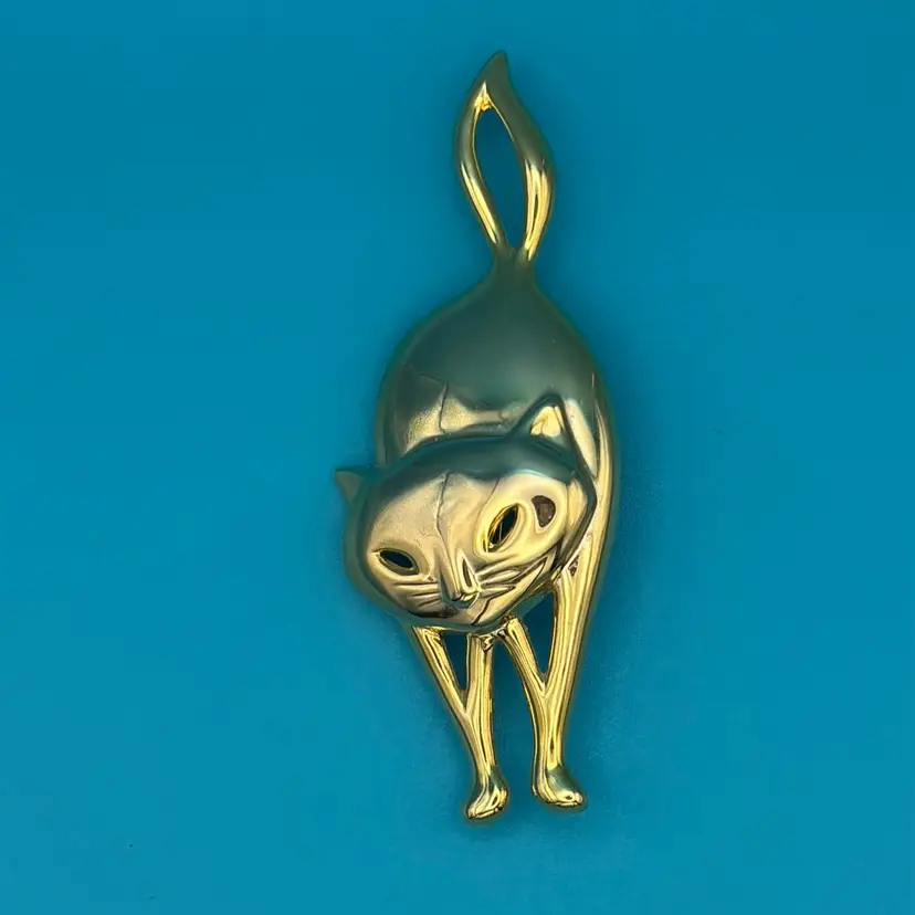 Vintage JJ Jonette Gold-Tone Stylized Cat Brooch – 1980s Modernist Pin