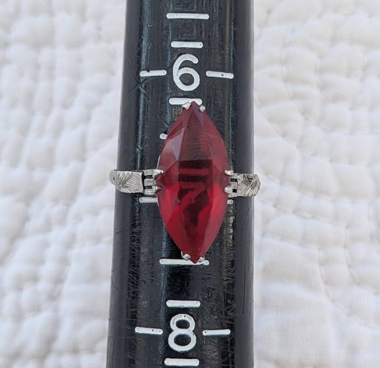 Vintage Sterling Silver Ring with Large Crimson Red Marquis Cut Stone, Size 7