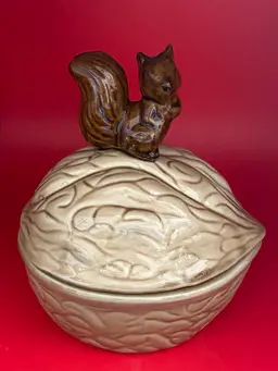 Vintage Ceranic Squirrel on a Walnut Covered Dish, Made in Japan, 7" Tall