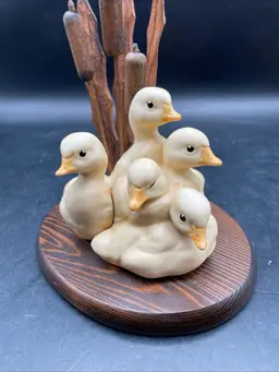 VTG 5 Ducklings Holland Mold On Wood Base With Cattails