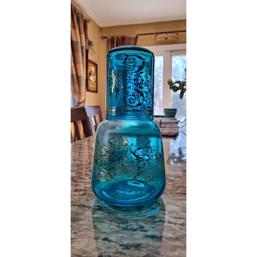 Blue And Gold Bohemian Glass Tumble Up Hand Painted With Gold Detail