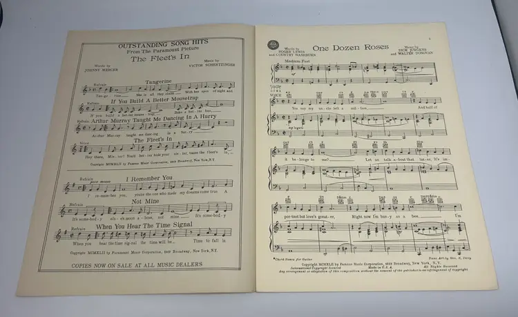 Vintage Sheet Music 'One Dozen Roses' & 'Better Not Roll Those Blue, Blue Eyes (At Someone Else)'