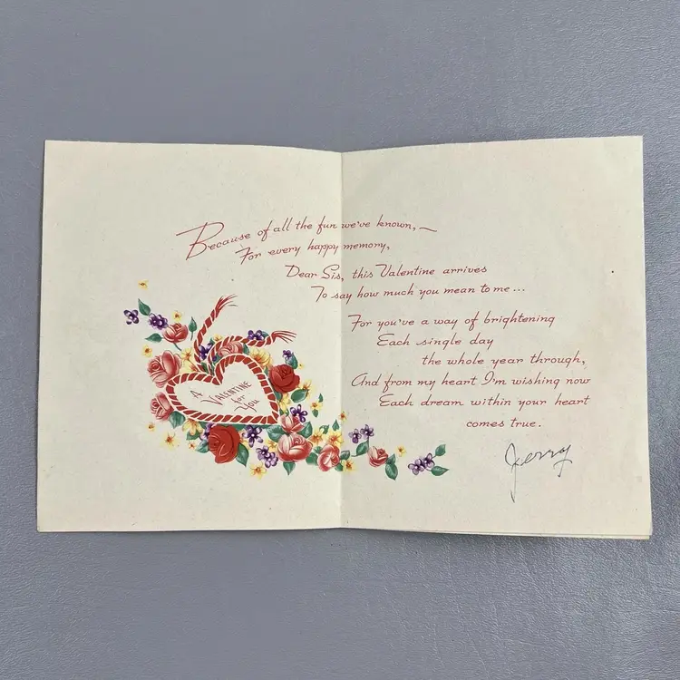 Vintage GB Valentine Greeting Card Heart Roses To Sister USA