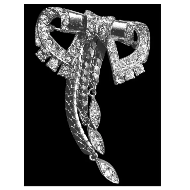 Vintage MCM  Silver Tone Rhinestone Articulated Bow Brooch - 1950 Ish