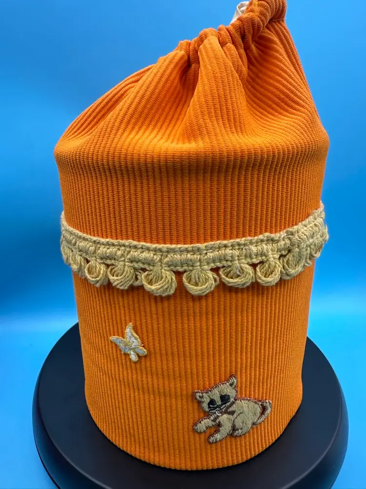 Vintage Coffee Can Drawstring Bag with butterflies and cat. Super cute.