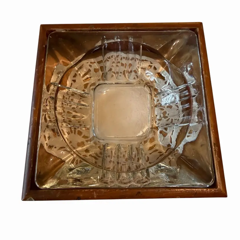 vintage square glass ashtrays, potentially manufactured by companies like Anchor Hocking Nestled In A Wood Box