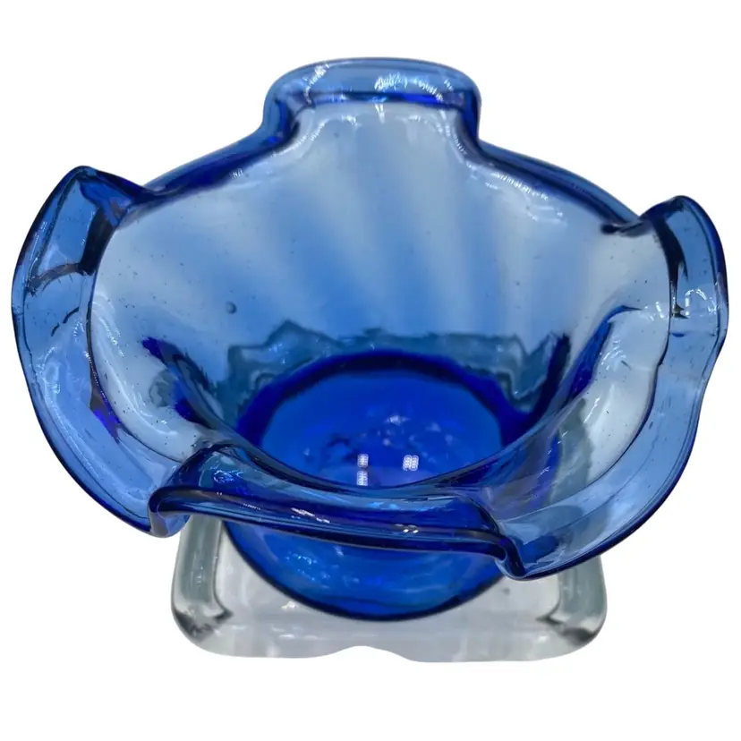 Hand Blown Cobalt Blue Glass Footed Bowl/Candle Holder, Swirl Optic, Ruffled Rim