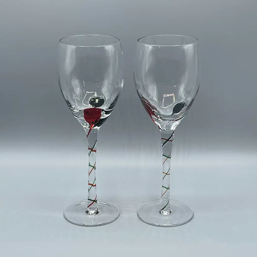 Pair Pier 1 Art Glass Red & Green Swirl Wine Glasses Tall