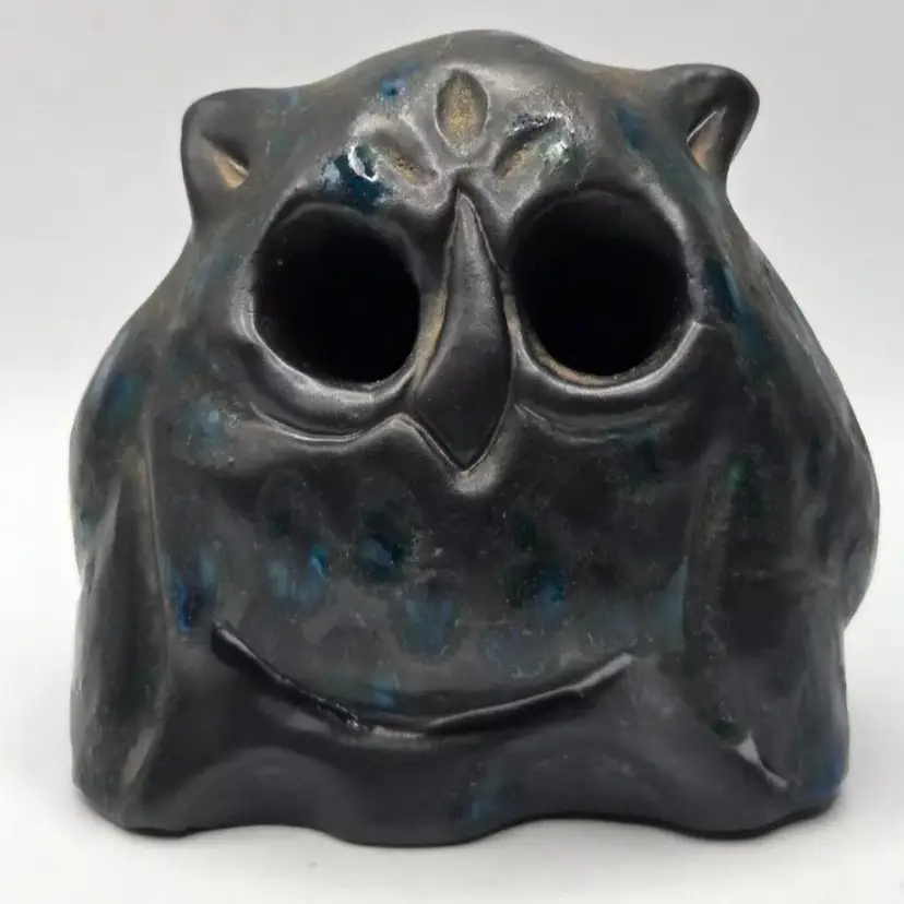 Daga Pottery? Deep Black/Blue Glaze Mid Century Modern Owl Votive • No Base